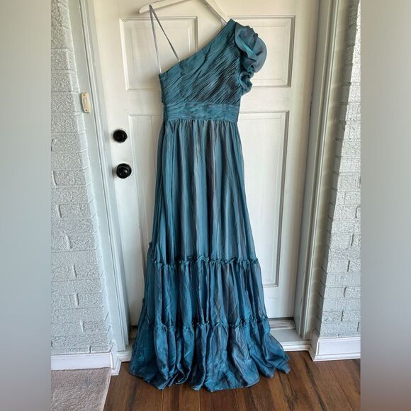 Nwt Mac Duggal Organza One Shoulder Pleated Tiered Ruffle Gown Fusion Blue Dress - Picture 5 of 11